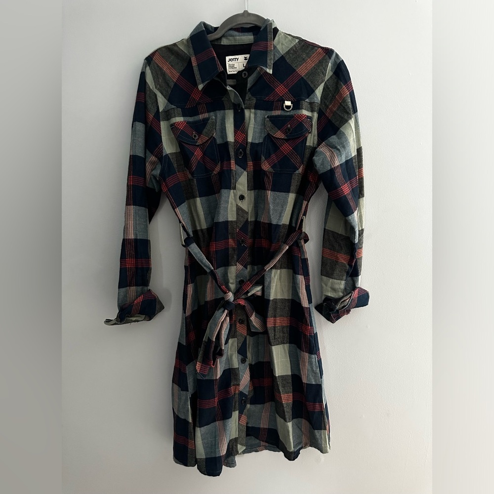 Long sleeve flannel dress, button closures and waist tie, size large